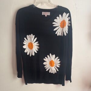 Laurie Felt |Cashmere Blend Navy V-Neck w/Daisy Pattern XXS